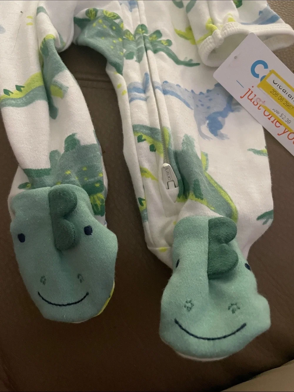 Carter's White Footed One-Piece Pajamas with Green and Blue Dinosaurs